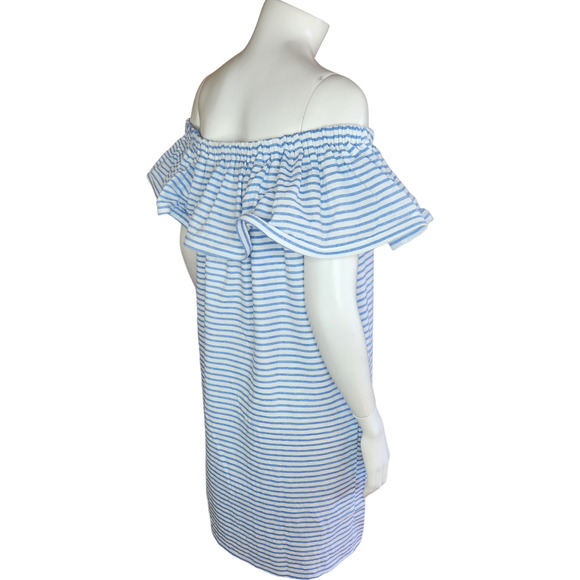 Revolve Line & Dot Dress Womens Large Lea‎ Blue White Stripe Off Shoulder Ruffle - Picture 9 of 15